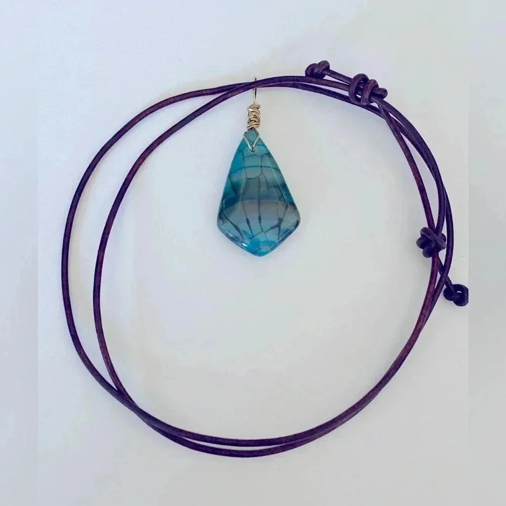 Handmade Aqua Blue Green Dragons Vein Agate Slider Necklace